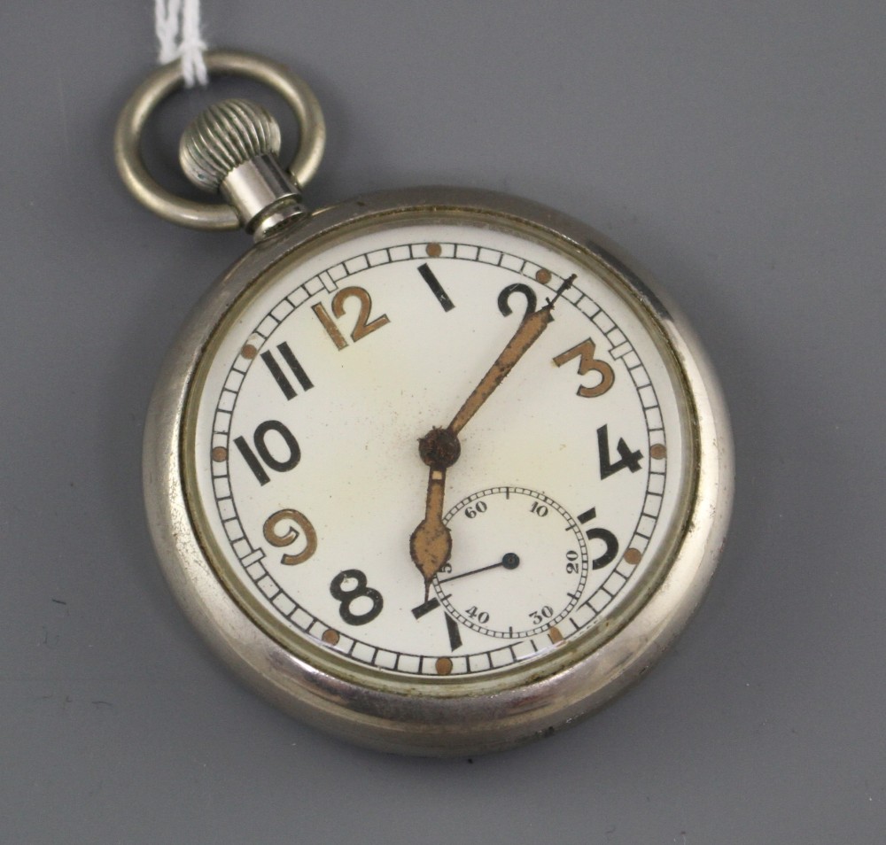 A 20th century nickel or chrome cased military issue pocket watch, with Arabic dial and subsidiary seconds.